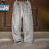 Vintage Heavyweight Washed Gray Jeans Distressed Straight Leg Carpenter Pants Elastic Waist Casual Ripped Denim Trousers